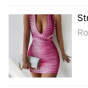 NWOT Striped Print V Neck Halter Dress Pink SIZE S